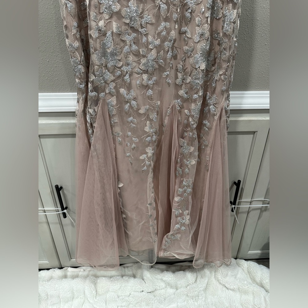 Embroidered Sequin Flower V Neck Tulle Gown - Picture 5 of 11